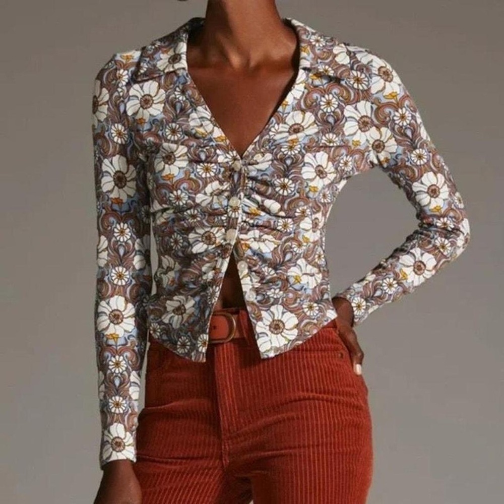 Maeve by Anthropologie Ruched Button-Front Top size XXS